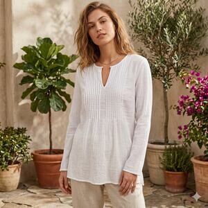 Liz Claiborne Tunic Medium White Crinkle Blouse Boho Pleated Coastal Minimalist